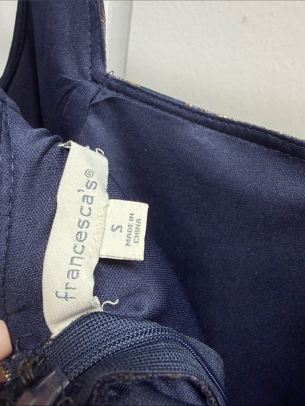 Francesca's Collections Navy and Gold Floral Brocade A-Line Dress - Picture 3 of 3